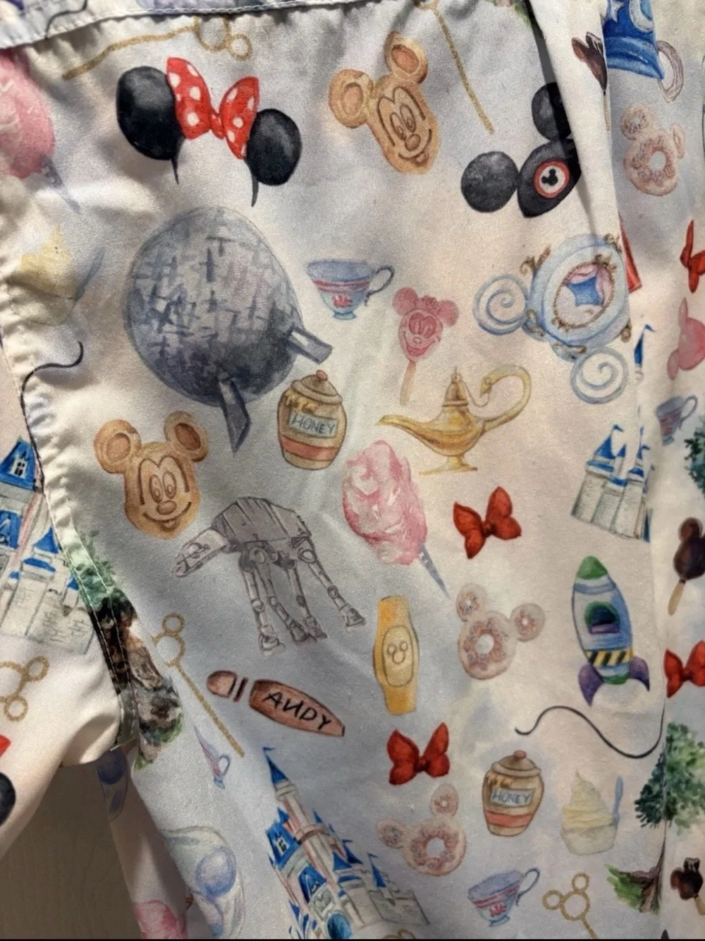 Rainbow White Short Sleeve Button-Down Shirt with Multicolor Theme Park Print